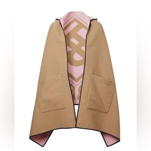 Burberry Wool Hooded Cape Reversible Tan Pink Logo Monogram Poncho One Size